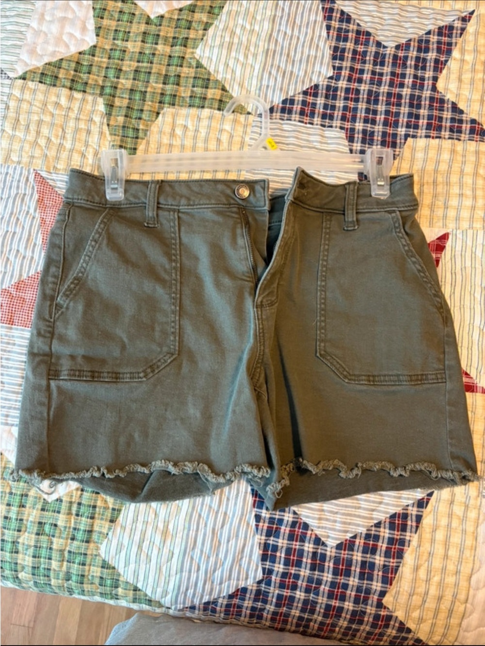Olive Green Shorts with Frayed Hem